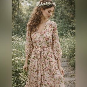 J. Jill Hydrangea Floral Print Flowy Button Up Belted Midi Dress Size Large